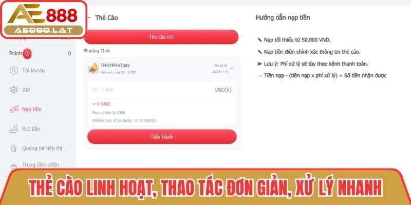 Thẻ cào linh hoạt, thao tác đơn giản, xử lý nhanh